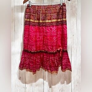 Hale Bob Y2K Boho Festival Skirt Red Maroon Tie Dye Ruffle Hem Elastic Waist XS